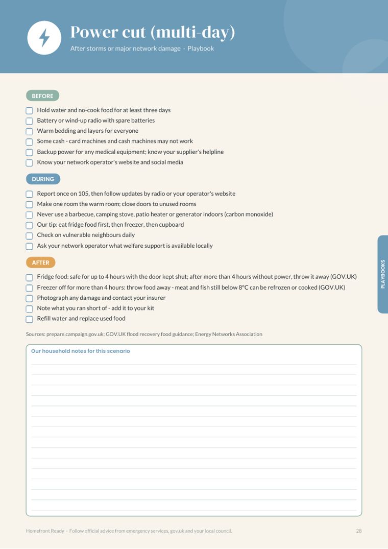 Multi-day power cut playbook