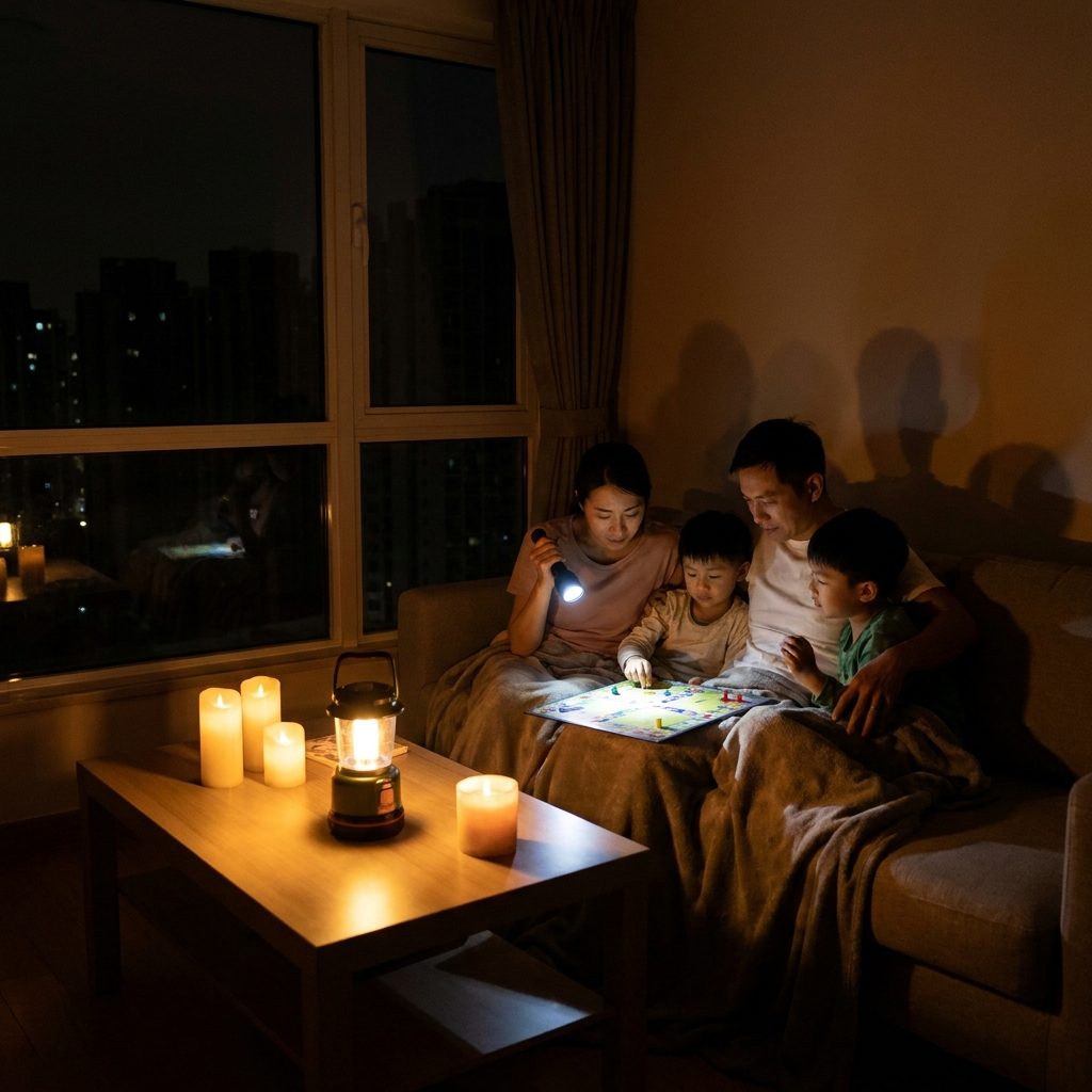 A family in a city flat playing a board game by lantern and candlelight