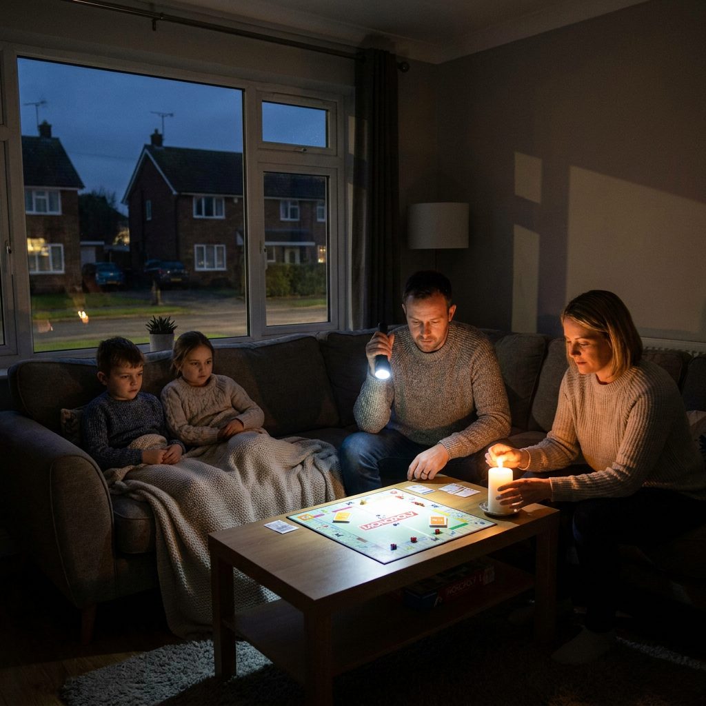 A UK family playing a board game by torch and candlelight in their living room during a power cut
